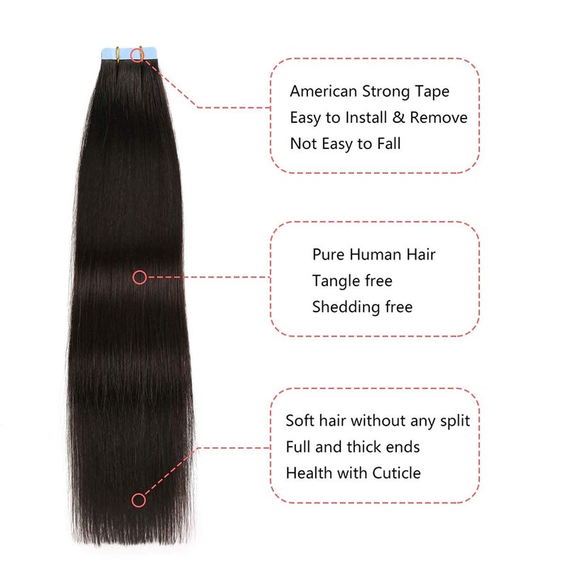 YILITE Off Black Tape in Hair Extensions Human Hair,20 inch 20pcs 50g Silky Straight Tape ins,Seamless Skin Weft Tape in Human Hair Extensions,Natural Black Extensions Real Human Hair - Image 3